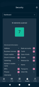 The Identity Defender Security tab Dashboard, showing ID elements scanned.