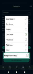 The Identity Defender dropdown menu, highlighting the Neighborhood option.