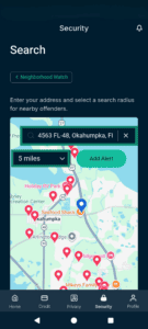 The Identity Defender Neighborhood Watch screen, highlighting the address and radius fields.