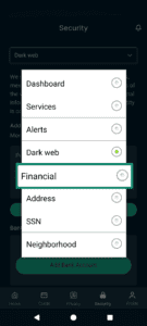 The Identity Defender Security screen, highlighting the "Financial" button in the dropdown menu.