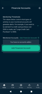 The Identity Defender Financial Accounts screen, highlighting the "Add Financial Account" button.