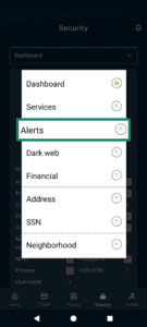 The Identity Defender Security tab dropdown menu, highlighting Alerts.