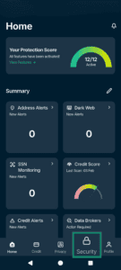 Identity Defender app showing the "Security" option highlighted at the bottom.