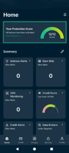 The Identity Defender home page, highlighting the alert icon at the top right.