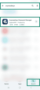  The ExpkressKeys app in Google Play, with a highlighted "Search" button and the search tab.