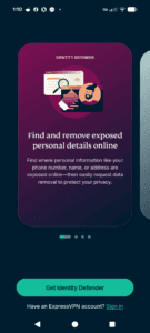 The welcome screen in the Identity Defender app on Android, with a "Get Identity Defender" button at the bottom.