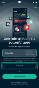 Identity Defender Android app interface, showing the subscription page. The "Subscribe" button is highlighted.