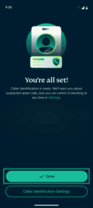 Caller Identification setup confirmation screen with the Done button highlighted.