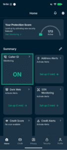 Identity Defender home screen with Caller ID highlighted.