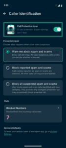 Caller Identification settings with the Call Protection toggle and recent call activity highlighted.
