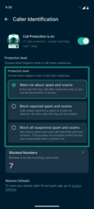 Caller Identification settings with the protection level options highlighted.