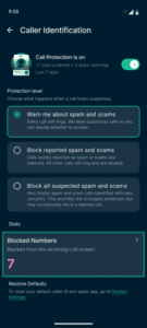 Caller Identification settings with the Blocked Numbers section highlighted.