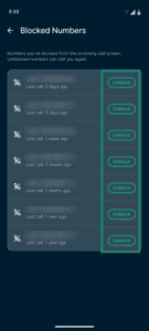 Blocked Numbers screen with the Unblock buttons highlighted.