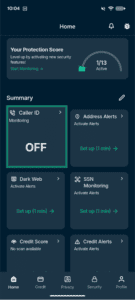 Identity Defender home screen with Caller ID showing as off and highlighted.