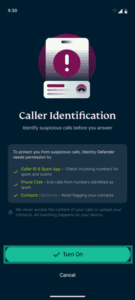 Caller Identification setup screen with the Turn On button highlighted.