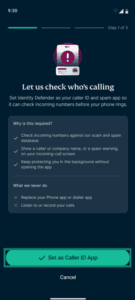 Caller Identification setup screen with the Set as Caller ID App button highlighted.