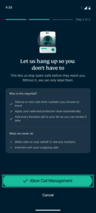 Caller Identification setup screen with the Allow Call Management button highlighted.