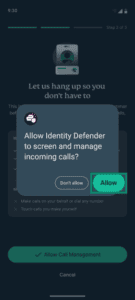 Android permission pop-up with the Allow button highlighted for managing incoming calls.