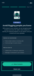 Caller Identification setup screen with the Allow Contacts and Maybe Later options highlighted.