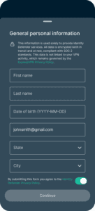 The Identity Defender general personal information screen, showing empty fields to add data to.