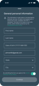 Identity Defender mobile app General personal information form