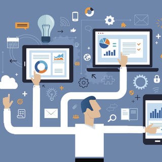 Illustration of man with many arms pointing to various electronics to depict a Health Informatics Job Description