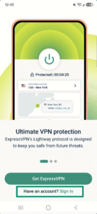 The welcome screen in the ExpressVPN app for Android, with a highlighted "Sign In" option.