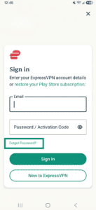 The Sign in screen in the ExpressVPN app for Android, with a highlighted "Forgot password?" option.