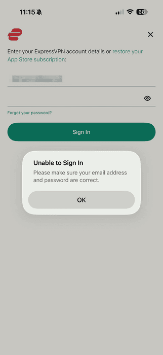 ExpressVPN mobile app showing the "Unable to sign in" message.