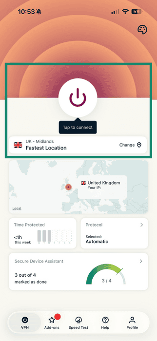 ExpressVPN iOS app home screen showing power button and Fastest Location.