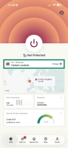 ExpressVPN iOS app interface, showing the VPN tab. The server location widget is highlighted.