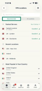 ExpressVPN iOS app interface, showing a list of server locations. The "Recommended" tab is highlighted.