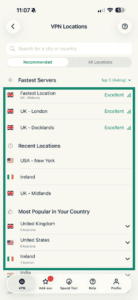 ExpressVPN iOS app interface, showing a list of server locations. Several servers are highlighted.