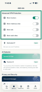The Advanced Protection options in the ExpressVPN app for iOS highlighted. 