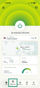 The "Add-ons" tab in the ExpressVPN app for iOS highlighted.