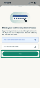 ExpressKeys setup showing recovery code field and Close button highlighted.