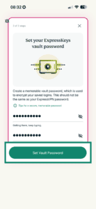 ExpressKeys setup showing Set Vault Password button highlighted.