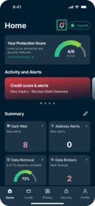 Identity Defender mobile app showing the Notification bell highlighted.