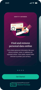 Identity Defender app interface, showing the welcome screen. The "Sign In" option is highlighted.