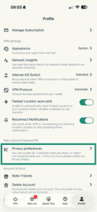 Privacy preferences on ExpressVPN iOS app.
