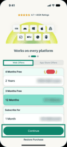 The "Web Offers" tab in the ExpressVPN app with the "Continue" button highlighted at the bottom.