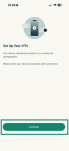ExpressVPN set up screen showing Continue button highlighted.