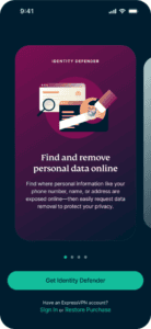 The welcome screen in the Identity Defender app on iOS, with a "Get Identity Defender" button at the bottom.