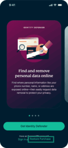 The welcome screen in the Identity Defender app, with a highlighted "Restore Purchase" option.