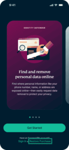 Identity Defender mobile app interface, showing the welcome screen. The "Restore Purchase" option is highlighted.
