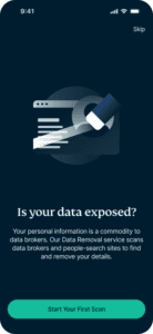 Identity Defender iOS app interface, showing the free data exposure scan screen.