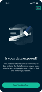 Identity Defender iOS app interface, showing the free data exposure scan screen. The "Skip" button is highlighted.