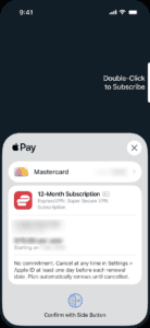 The Apple Pay pop-up in the Identity Defender app on iOS, asking for a confirmation for payment for a subscription.