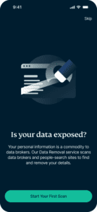 Identity Defender Android app interface, showing the free data exposure scan screen.