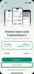 The subscription screen in the ExpressKeys app, with a highlighted "Restore Purchase" button.